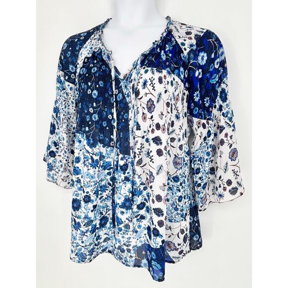 Spense Blue White Floral Tie Neck Wide Sleeve Blouse Size L - Picture 1 of 7